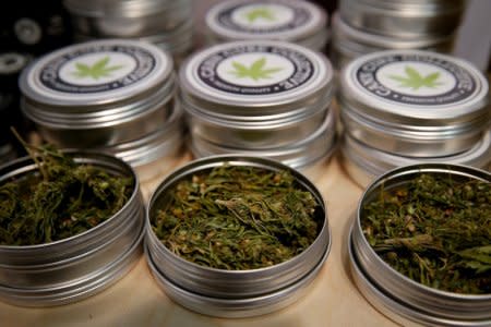 Cans with cannabis buds are seen at the Balkannabis Expo 2018, in Athens, Greece, June 2, 2018. Picture taken June 2, 2018. REUTERS/Costas Baltas