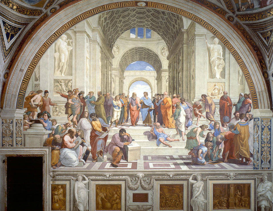 Raphael was only in his mid-20s when he began The School of Athens, which isn't humbling at all. He seems to have realized that instead of attempting to paint the different physical identities of each real-life figure, he should roll with the inevitable mystery. As a certain fantastic BBC article says, 