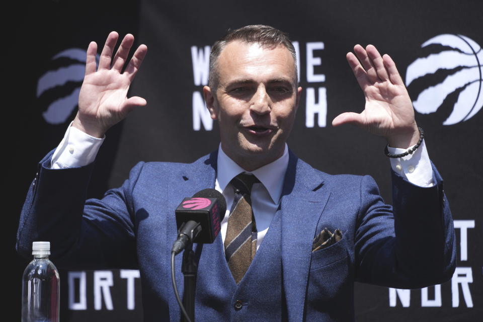 Toronto Raptors NBA basketball team new head coach Darko Rajakovic gestures at a news conference in Toronto, Tuesday, June 13, 2023. (Chris Young/The Canadian Press via AP)