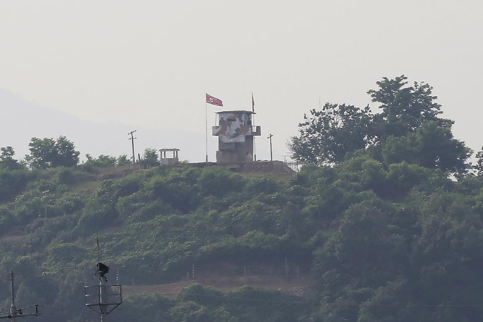 A North Korean flag flutters in the wind at a military guard post in Paju, at the border with North Korea, South Korea, Tuesday, June 16, 2020. North Korea blew up an inter-Korean liaison office building just inside its border in an act Tuesday that sharply raises tensions on the Korean Peninsula amid deadlocked nuclear diplomacy with the United States. (AP Photo/Ahn Young-joon)