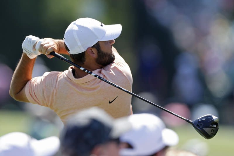 Scottie Scheffler tees off on hole No. 3 during the final round of the 2024 Masters Tournament on Sunday at Augusta National Golf Club in Augusta, Ga. Photo by Tannen Maury/UPI