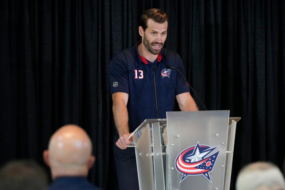 September 4, 2024; Columbus, Ohio, USA; Columbus Blue Jackets captain Boone Jenner speaks about the death of Johnny Gaudreau during a press conference at Nationwide Arena.