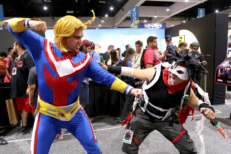 <p>Cosplayers dressed as anime characters All Might and Stain at Comic-Con International on July 20 in San Diego. (Photo: Angela Kim/Yahoo Entertainment) </p>