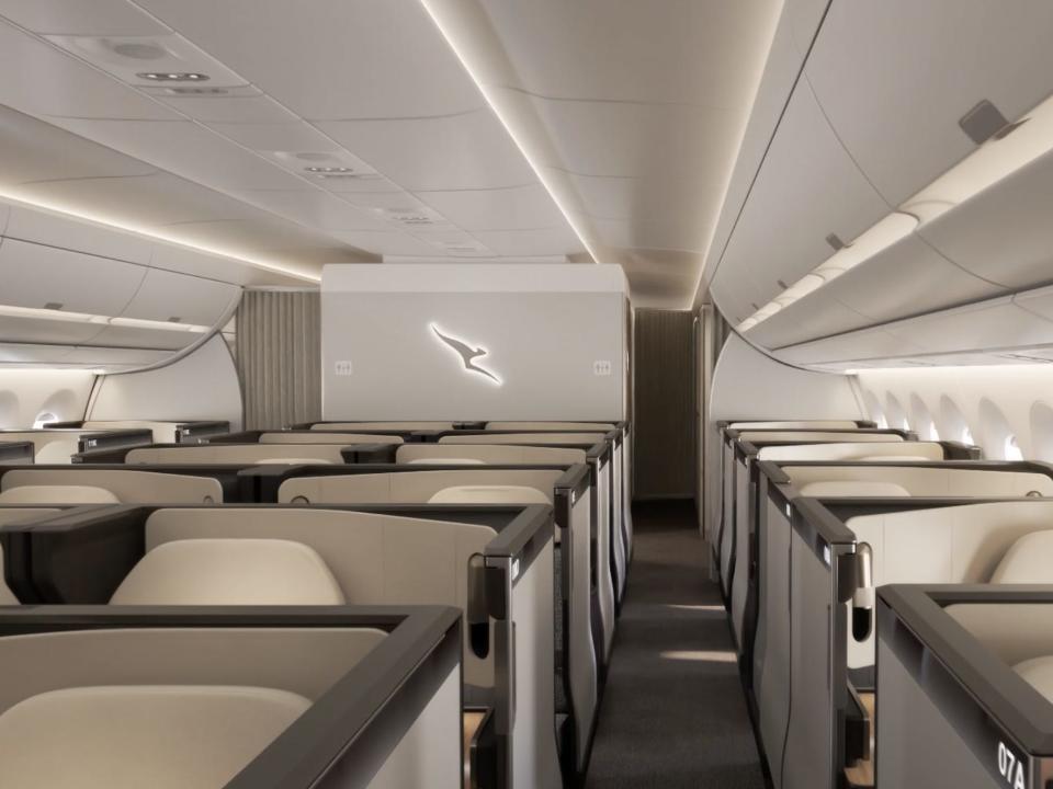 Qantas rendering of business class on Project Sunrise A350-1000.