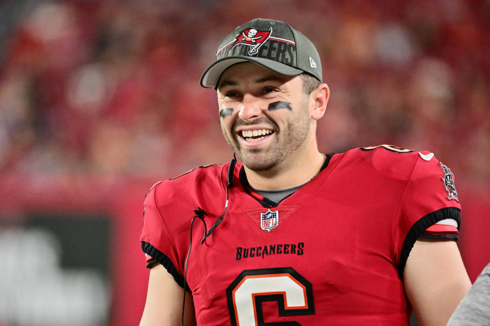 TAMPA, FL - AUGUST 26: Baker of the Tampa Bay Buccaneers watches from the sideline during the second half of a preseason game against the Baltimore Ravens on August 26, 2023 at Raymond James Stadium in Tampa, Florida. Mayfield number 6.  (Photo by Julio Aguilar/Getty Images)