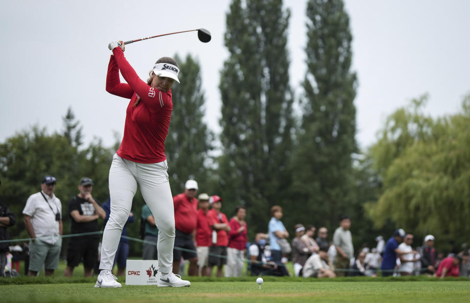 Hannah Green, of Australia, hits her tee shot on the sixth hole during the second round of the CPKC Women’s Open golf tournament Friday, Aug. 25, 2023, in Vancouver, British Columbia. (Darryl Dyck/The Canadian Press via AP)