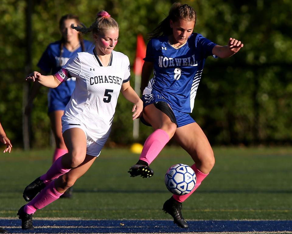 Norwell's Eden Wheeler looks to settle the ball while being defended by Cohasset's Peyton Lord during first half action of their game against Cohasset at the Norwell Clipper Community Complex on Tuesday, Oct. 11, 2022.