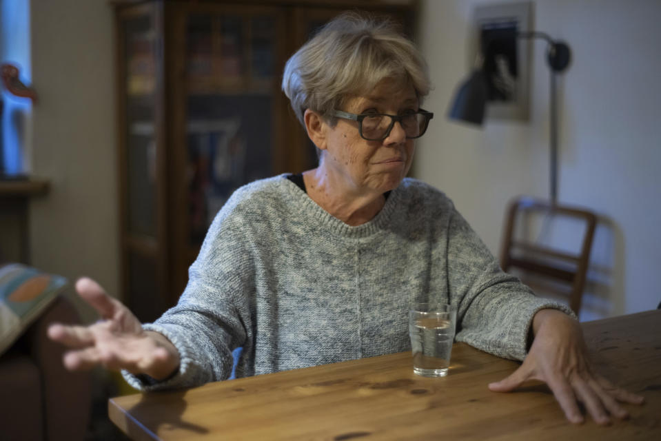 Social activist Danuta Kuron, who was an anti-communist dissident with Poland's Solidarity movement, speaks to The Associated Press in her home in Warsaw, Poland, Monday, Oct. 9, 2023. Like many other former Solidarity activists, Kuron is critical of what has happened in Poland, where democratic checks and balances have been weakened by a populist government over the past eight years. Concerns about democracy are driving the choice of many Poles as they prepare to vote in a national election Sunday viewed as the most important one since 1989. (AP Photo/Michal Dyjuk)