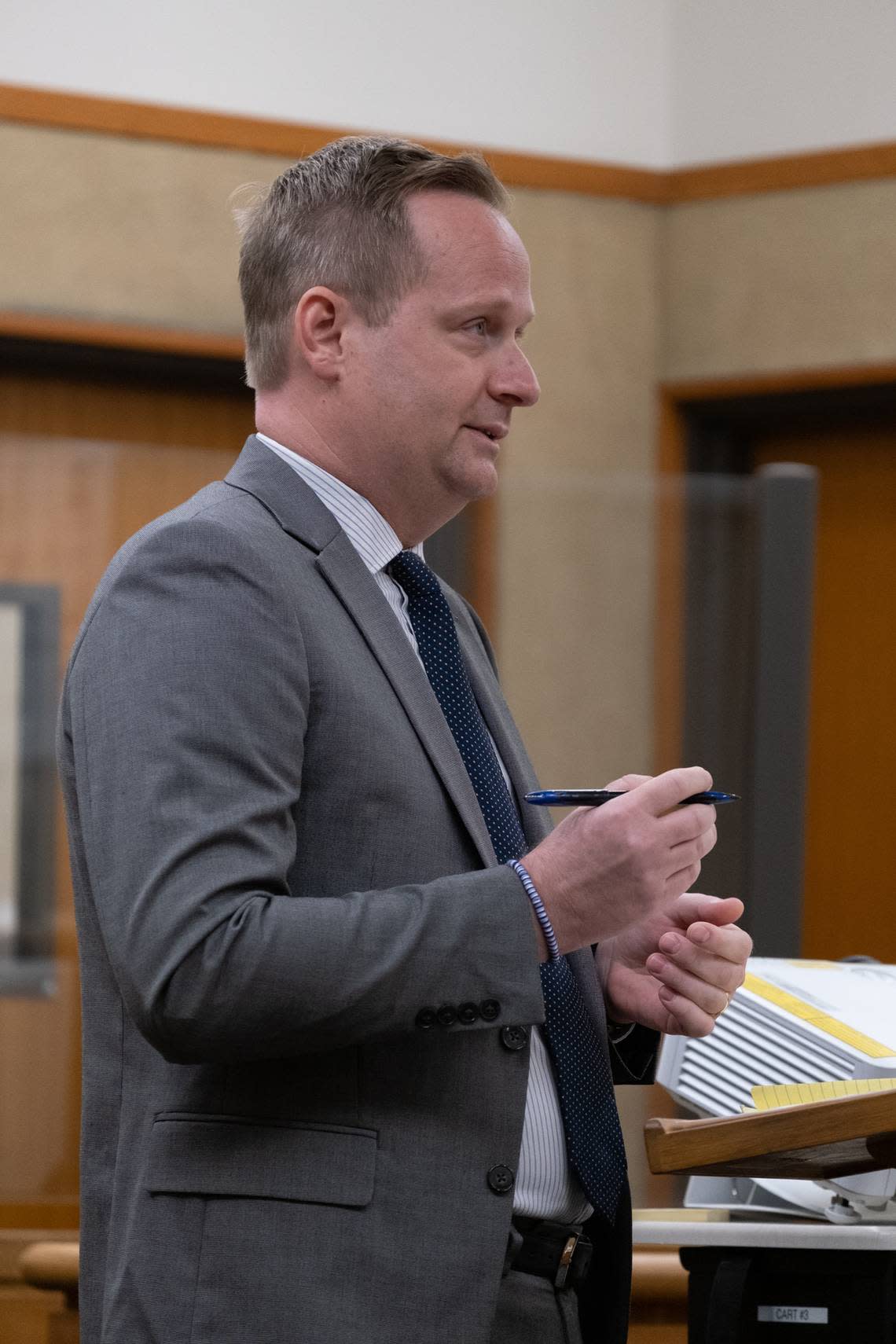 Defense attorney Tim Osman gives opening statements in the murder trial against Stephen Deflaun at San Luis Obispo Superior Court on March 27, 2023.