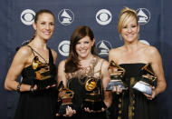 FILE - In this Feb. 11, 2007 file photo, musicians Emily Robison, left, Natalie Maines, center, and Martie Maguire of the group The Dixie Chicks pose with their awards for song of the year, for record of the year, for album of the year, for best country album, and for best country performance at the 49th Annual Grammy Awards in Los Angeles. The Grammy-winning country group, who recently changed their name to The Chicks, have a new album "Gaslighter" out July 17, 2020. (AP Photo/Kevork Djansezian, File)