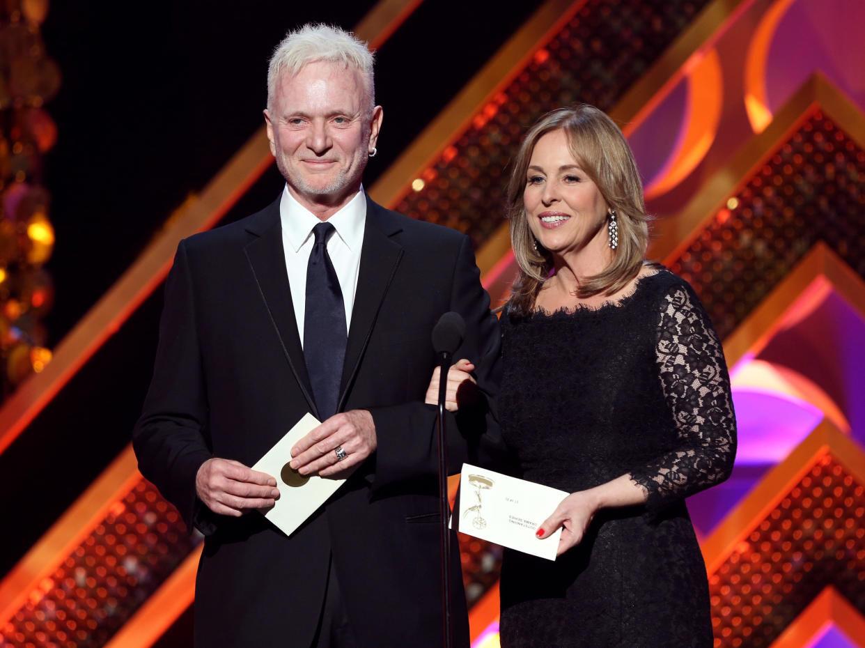 BURBANK, CA - APRIL 26:  Actors Anthony Geary (L) and Genie Francis speak onstage during The 42nd Annual Daytime Emmy Awards at Warner Bros. Studios on April 26, 2015 in Burbank, California.  (Photo by Jesse Grant/Getty Images for NATAS)