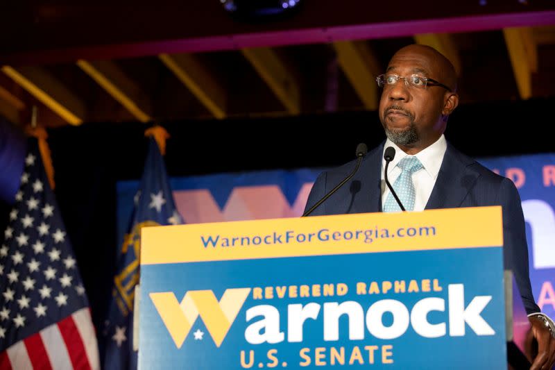 FILE PHOTO: Democratic U.S. Senate candidate Rev. Raphael Warnock holds Election Night event in Atlanta