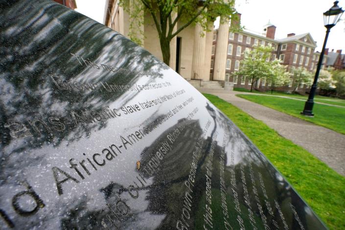Part of the Slavery Memorial by sculptor Martin Puryear, erected in 2014, on the Brown University campus in Providence, R.I.