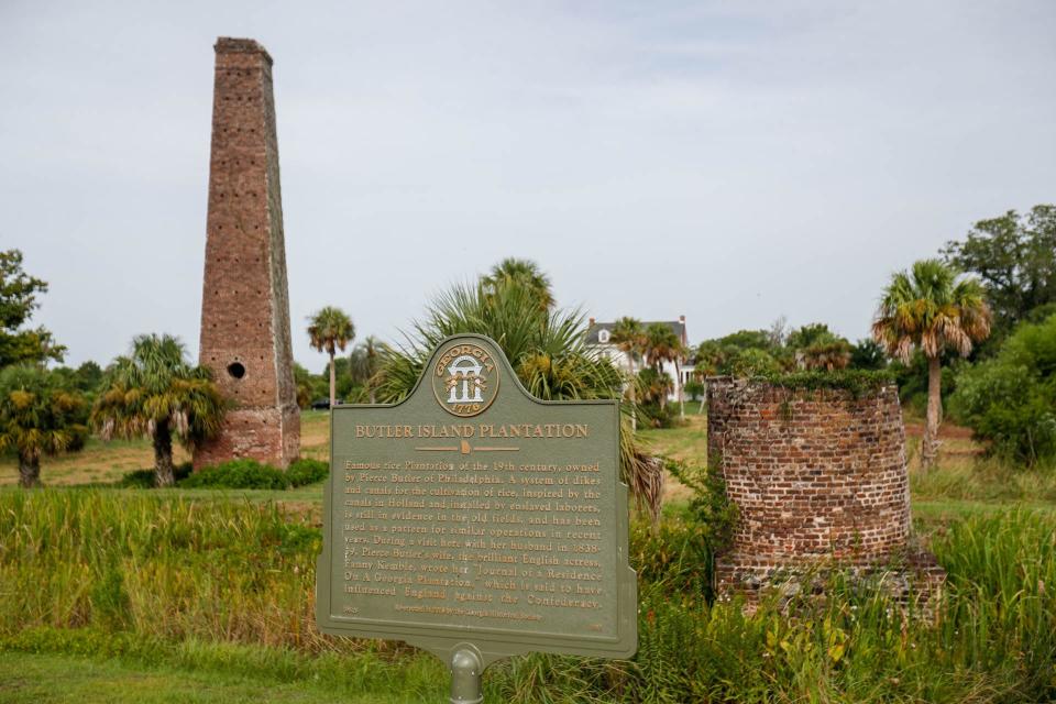 A brick chimney and fireplace are all that remain from the original Butler Island Plantation home.