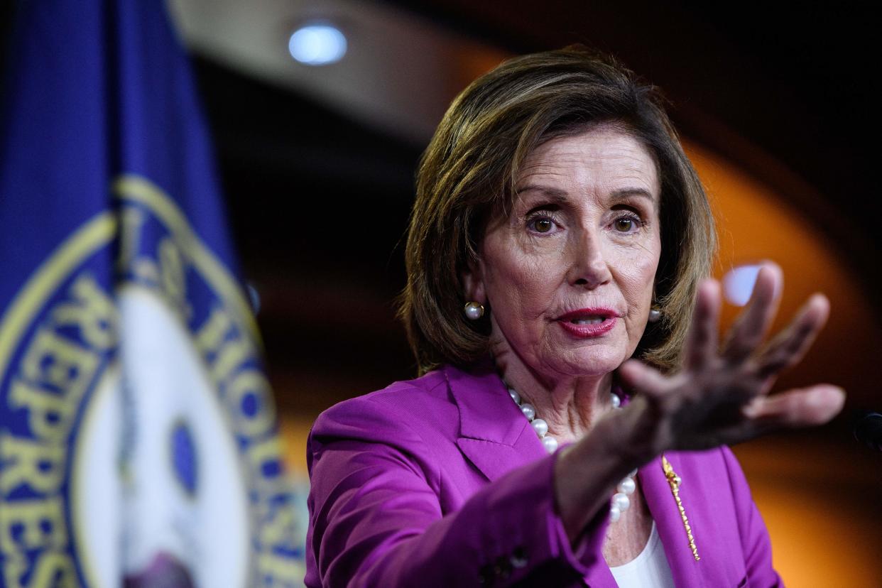 US Speaker of the House, Nancy Pelosi, Democrat of California, holds her weekly press briefing on Capitol Hill in Washington, DC, on July 28, 2021. (Photo by Nicholas Kamm / AFP) (Photo by NICHOLAS KAMM/AFP via Getty Images)