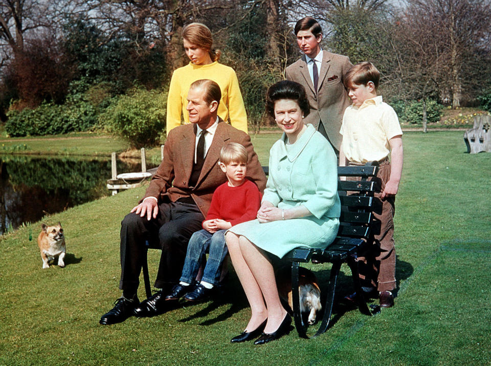 The Royal Family in the grounds of Frogmore House, Windsor. From left: Princess Anne, the Duke of Edinburgh, Prince Edward, Queen Elizabeth II, Prince Charles and Prince Andrew.   (Photo by PA Images via Getty Images)