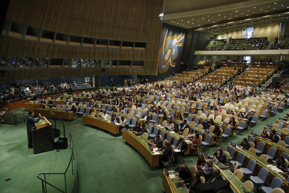 Pakistani Prime Minister Imran Khan addresses the 74th session of the United Nations General Assembly, Friday, Sept. 27, 2019, at the United Nations headquarters. (AP Photo/Frank Franklin II)