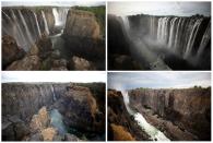 Combination picture of water flowing and low-water levels after prolonged drought at Victoria Falls