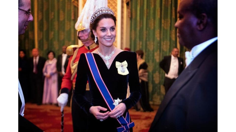 Kate Middleton wears velvet gown with Lover's Knot tiara