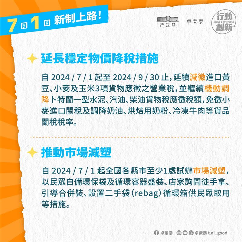 行政院長卓榮泰今（1）日在臉書po出７月新制圖卡讓民眾清楚了解。（圖／翻攝自卓榮泰臉書)