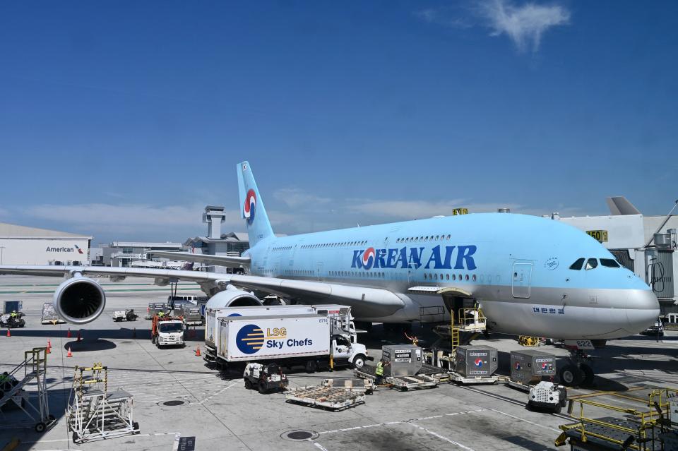 A Korean Air Airbus 380-800 plane sits at the gate at Los Angeles International Airport (LAX) in Los Angeles, California, on July 26, 2023.