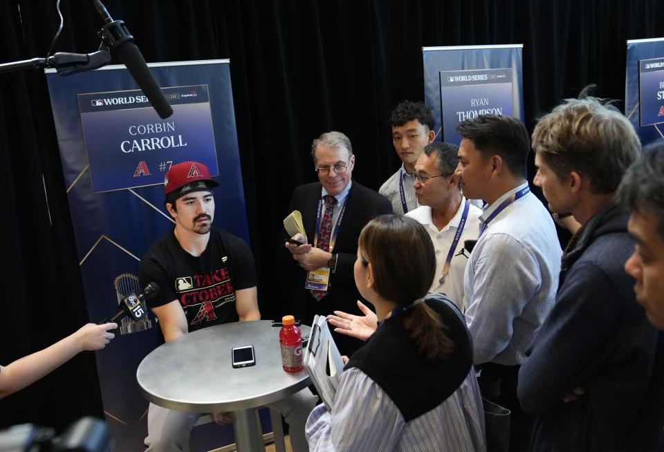 Arizona Diamondbacks right fielder Corbin Carroll during media day prior to Game 1 of the 2023 World Series at Globe Life Field in Arlington, Texas, on Oct. 26, 2023.