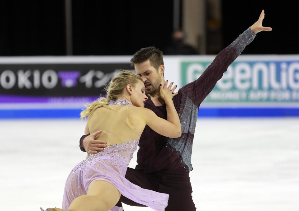 Madison Hubbell and Zachary Donohue perform in the free dance at the Skate America figure skating event Sunday, Oct. 24, 2021, in Las Vegas. (AP Photo/Ronda Churchill)