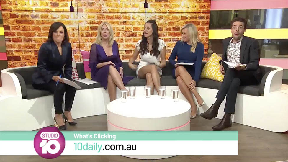 Pannelists Natarsha Belling, Kerri-Anne Kennerley, Antoinette Lattouf, Angela Bishop and Joe Hildebrand visibly gobsmacked on Studio 10