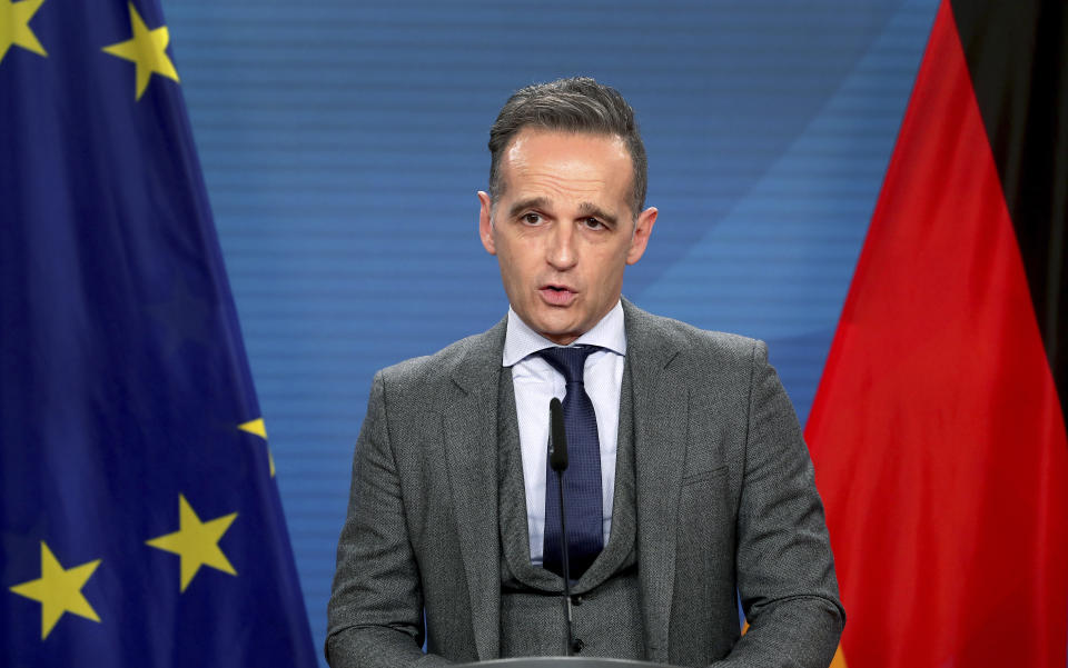 German Foreign Minister Heiko Maas speaks at the foreign ministry in Berlin, Germany, Wednesday, Feb. 24, 2021 prior to his attendance of the virtual human rights council in Geneva, Switzerland. (AP Photo/Michael Sohn, pool)