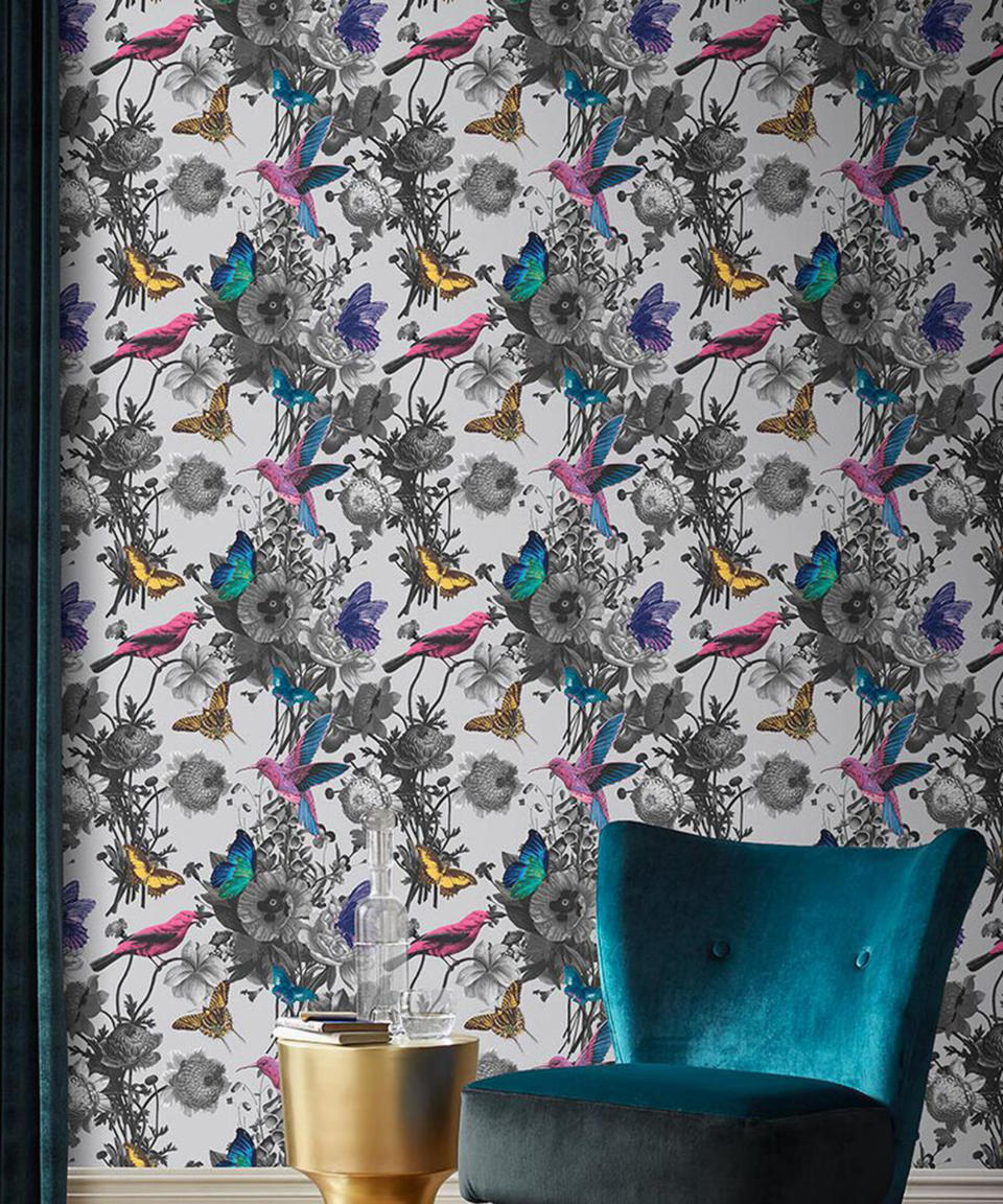 <p> If you&apos;re wondering which colors go with grey &#x2013; try this teal and pink combo.&#xA0; </p> <p> This stunning reading nook is the perfect place to strike a pose.... we mean read a book. this wow-factor Jardin grey wallpaper by Graham &amp; Brown showcases birds, butterflies and blossoming florals at their finest without being overly girly if that&apos;s not your sort of style. </p> <p> The turquoise velvet chair and curtains, and brass side table just add that extra layer of luxury to your lavish reading nook setup. </p>