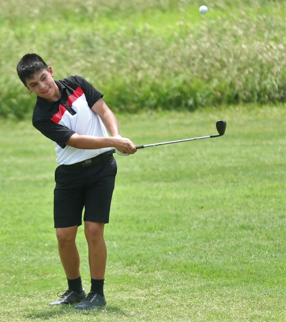 Sonora High School’s Dylan Ford hits a chip shot during the first round of the UIL Class 3A Boys State Golf Tournament at Jimmy Clay Golf Course in Austin on Monday, May 9, 2022.