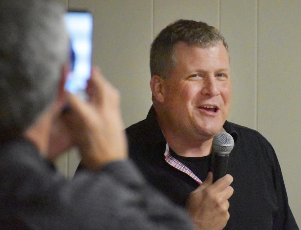 Attleboro Mayor Paul Heroux has ousted longtime Bristol County sheriff Thomas M. Hodgson in a tight race. In this photo, Heroux talks to supporters at the VFW post as he awaits results on election night.