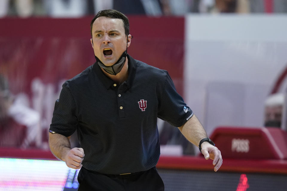 Indiana head coach Archie Miller shouts during the second half of an NCAA college basketball game against Michigan State, Saturday, Feb. 20, 2021, in Bloomington, Ind. Michigan State won 78-71. (AP Photo/Darron Cummings)