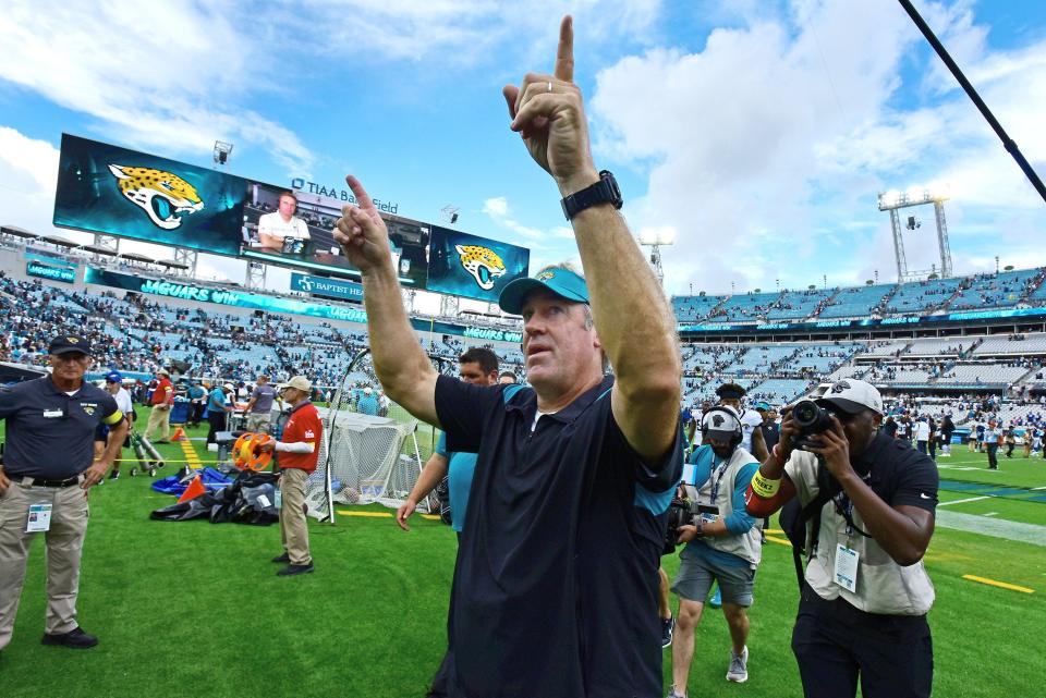 Jacksonville Jaguars head coach Doug Pederson acknowledges the fans as he walks off the field after Sunday's shutout victory over the Colts. The Jaguars went into the first half with a 17 to 0 lead over the Colts and went on to win the game 24 to 0. The Jacksonville Jaguars hosted the Indianapolis Colts at TIAA Bank field in Jacksonville, FL Sunday, September 18, 2022. [Bob Self/Florida Times-Union]