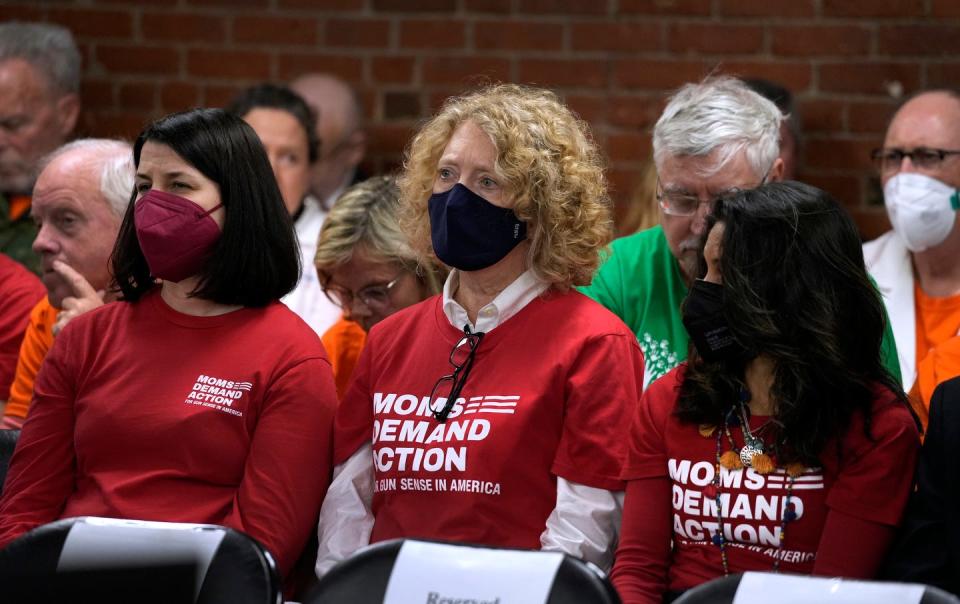 Gun control advocates from Moms Demand Action sit in on the House Judicial Committee during gun bill testimony on Monday afternoon.