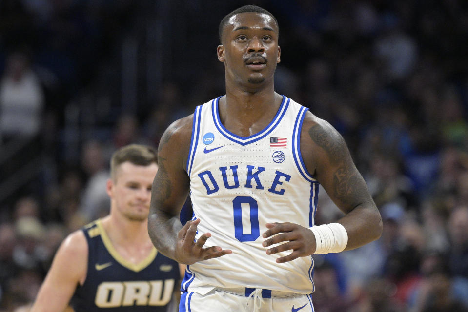 Duke forward Dariq Whitehead (0) reacts after scoring a 3-point basket during the first half of a first-round college basketball game against the Oral Roberts in the NCAA Tournament, Thursday, March 16, 2023, in Orlando, Fla. (AP Photo/Phelan M. Ebenhack)