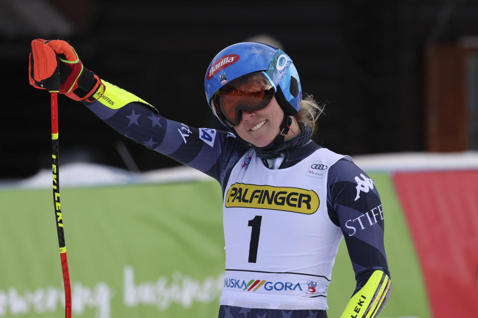 United States' Mikaela Shiffrin celebrates winning an alpine ski, women's World Cup giant slalom race, in Kranjska Gora, Slovenia, Sunday, Jan. 8, 2023. (AP Photo/Marco Trovati)