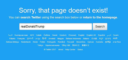 A computer screen capture shows the absence of the Twitter account of U.S. President Donald Trump when it was shut down for 11 minutes on November 2, 2017. REUTERS/Staff