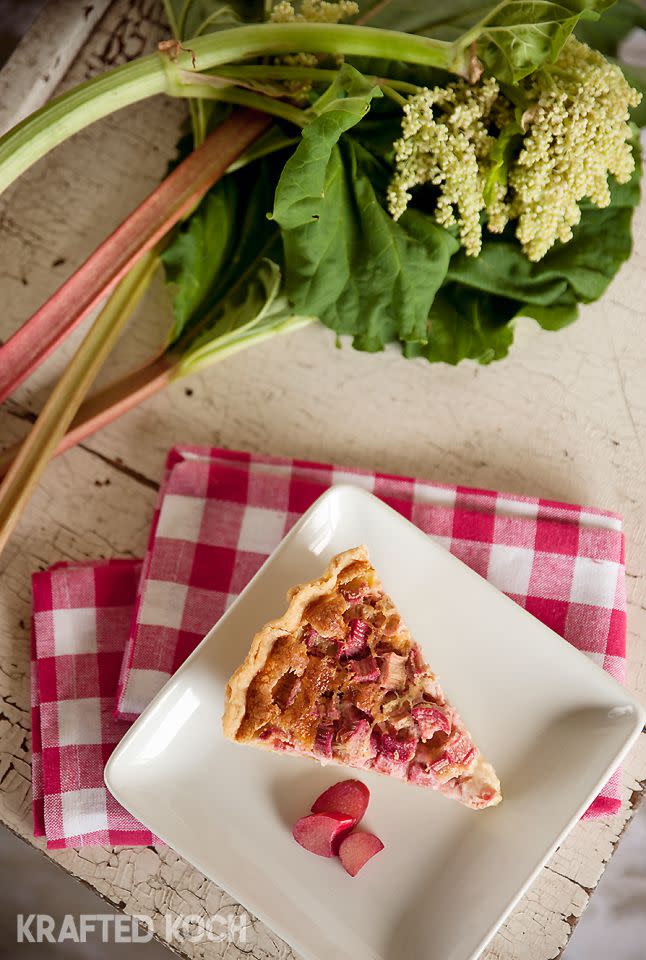 <p>This pie's sweet and creamy custard will help balance the tart rhubarb. </p><p><strong>Get the recipe at <a rel="nofollow noopener" href="http://www.thecreativebite.com/rhubarb-custard-pie/#_a5y_p=1822428" target="_blank" data-ylk="slk:The Creative Bite;elm:context_link;itc:0;sec:content-canvas" class="link ">The Creative Bite</a>. </strong></p>