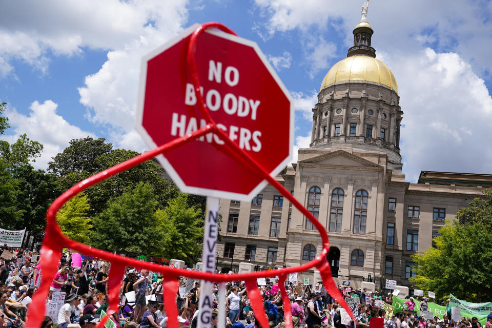 Abortion rights activists outside the state Capitol in Atlanta.