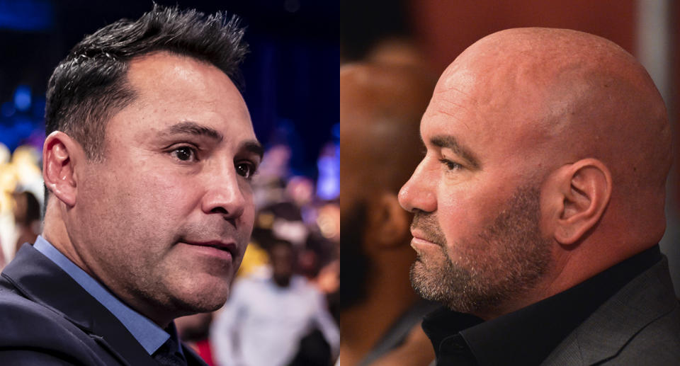 Dana White (R) had some harsh words for Oscar De La Hoya after the Golden Boy founder threw him and the UFC under the bus for allegedly underpaying fighters. (Getty Images)