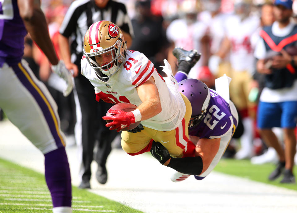 <p>Trent Taylor #81 of the San Francisco 49ers is tackled by Harrison Smith #22 of the Minnesota Vikings in the fourth quarter of the game at U.S. Bank Stadium on September 9, 2018 in Minneapolis, Minnesota. (Photo by Adam Bettcher/Getty Images) </p>