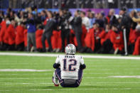 <p>MINNEAPOLIS, MN – FEBRUARY 04: Tom Brady #12 of the New England Patriots reacts after fumbling the ball during the fourth quarter against the Philadelphia Eagles in Super Bowl LII at U.S. Bank Stadium on February 4, 2018 in Minneapolis, Minnesota.The Philadelphia Eagles defeated the New England Patriots 41-33. (Photo by Rob Carr/Getty Images) </p>