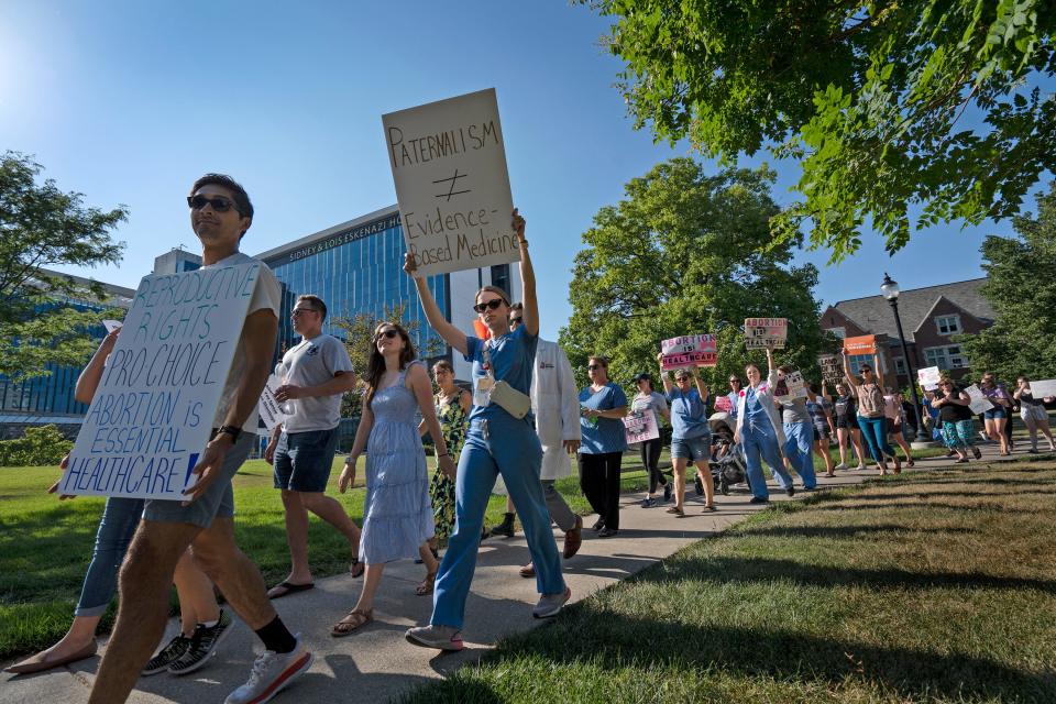 People march during the Reproductive Justice Rally, Wednesday, June 29, 2022 on the IIUPUI campus. 