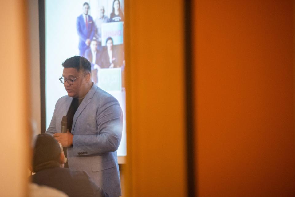 Luis Mata talks about his childhood during the annual Latino Tennessee Voices event at Casa Azafran in Nashville, Tenn., Thursday, Oct. 12, 2023.