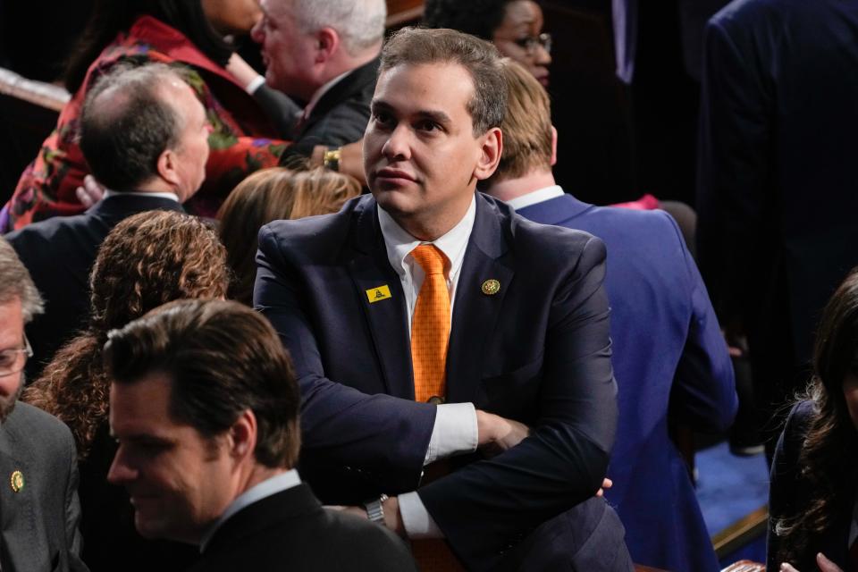 George Santos, R-NY, on the House floor before President Joe Biden arrives for the State of the Union address from the House chamber of the United States Capitol in Washington.