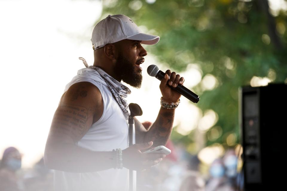 Billy Weathers speaks during the More Justice, More Peace Rally on Friday, June 5, 2020 in West Des Moines.