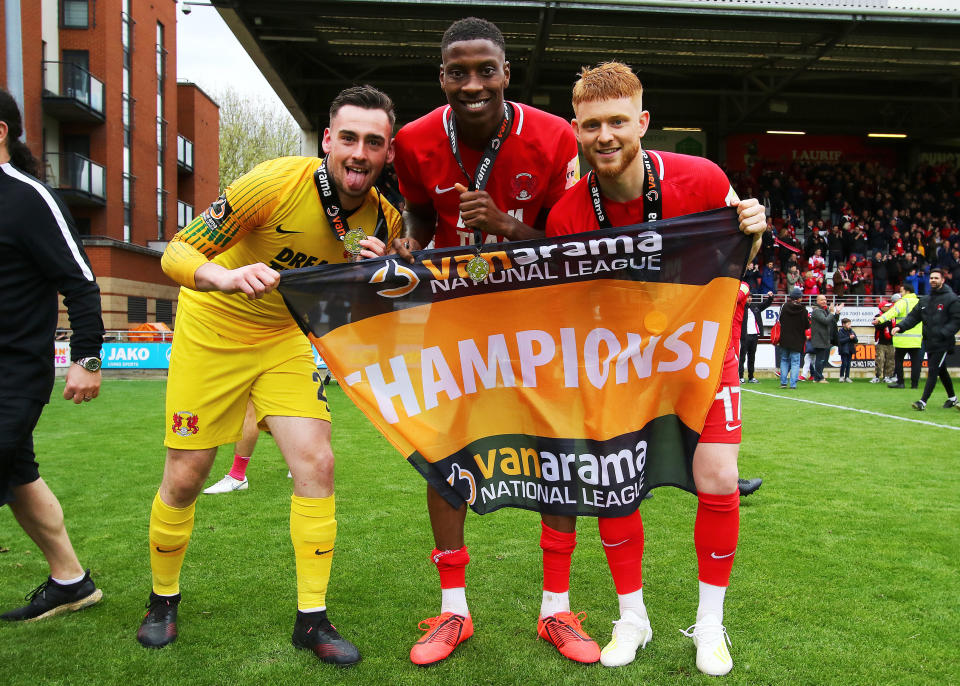 Leyton Orient Goalkeeper Sam Sargeant, Marvin Ekpiteta and Dale Gorman celebrate at full time during the Vanarama National League match at the Breyer Group Stadium, London