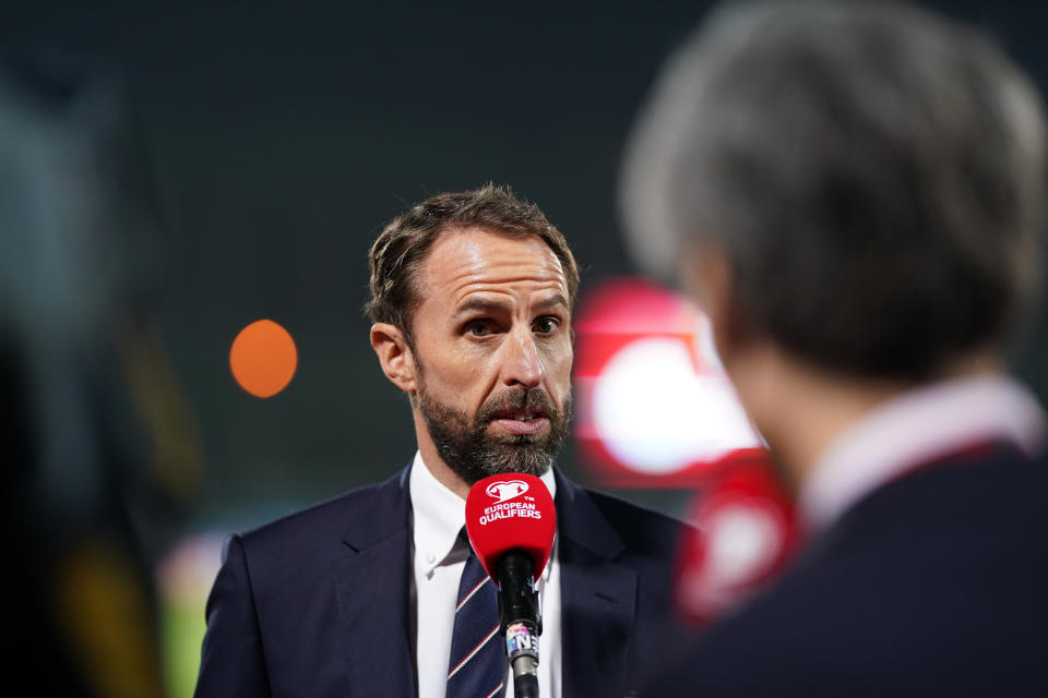 England coach Gareth Southgate speaking to the media.