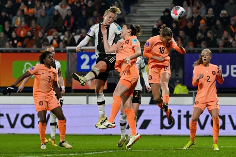 Germany's Lea Schueller (3rd L) scores her side's second goal during the UEFA Women's Nations League A play-off round soccer match for 3rd place between Netherlands and Germany Abe Lenstra Stadium. Federico Gambarini/dpa